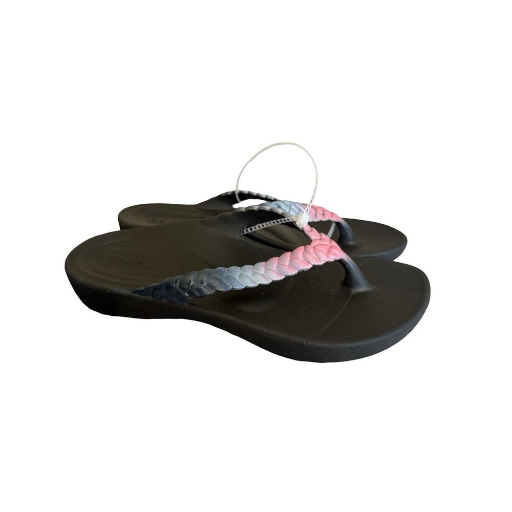 NEW Aetrex Vicki Braided Pink Blue Gloss Thong Sandals Shoes Size 6